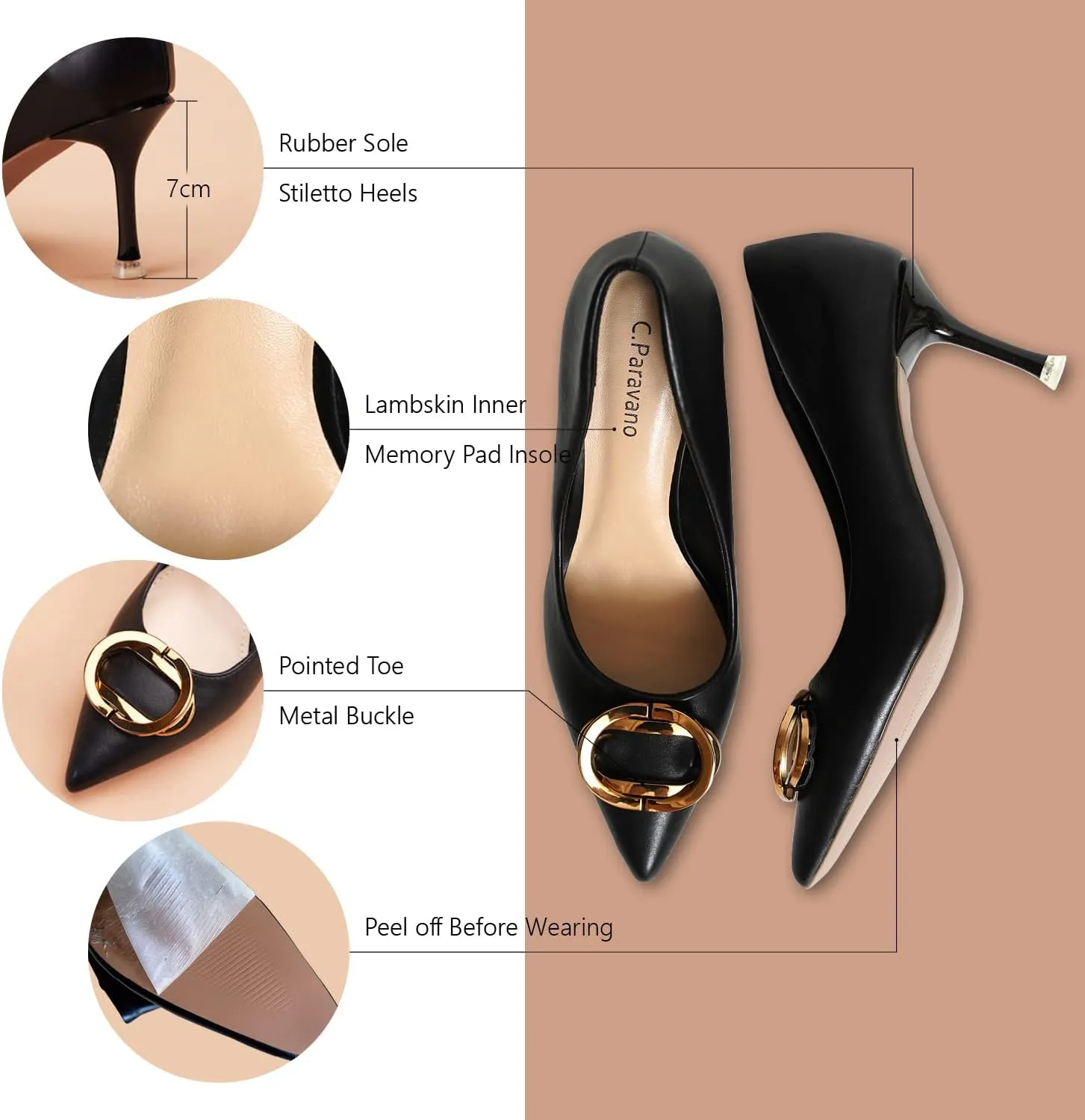 C.Paravano Women's Metal Buckle Stiletto Pumps-Professional Business Meeting Shoes with Metal Accents&Chic Pointed Toe Design,All-Day Comfort Heels for Office Workdays