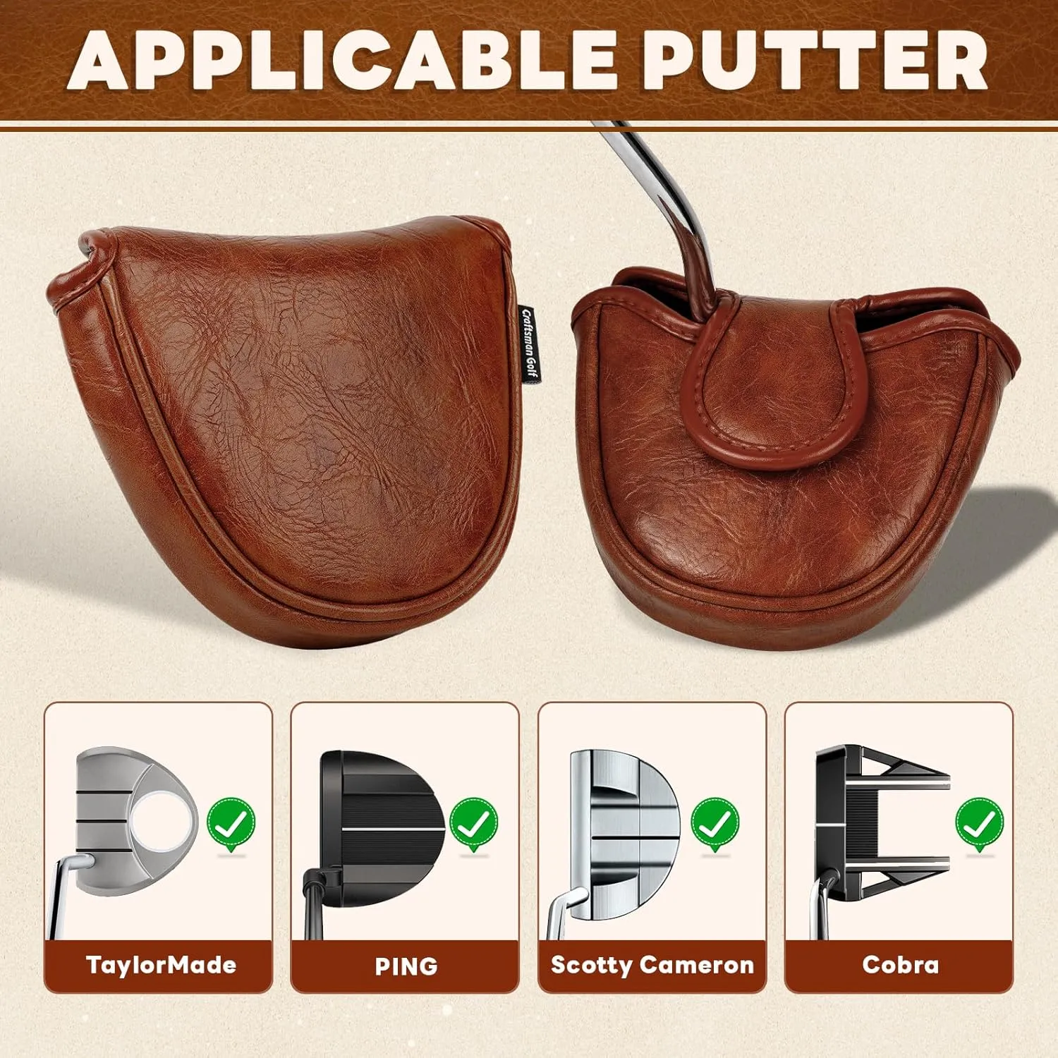 Craftsman Golf Premium Leather Brown Blade Mallet Putter Cover Driver Fairway Wood Headcover Cover Magnetic Closure