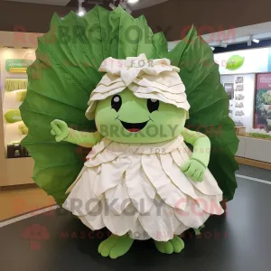 Cream Cabbage Leaf mascot costume character dressed with a Wrap Skirt and Coin purses