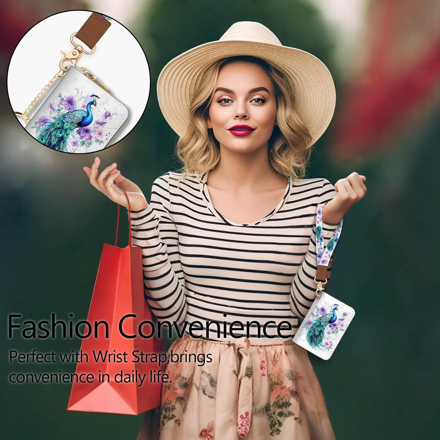 Credit Card Holder for Women, Peacock Small RFID Blocking Wallet with Wristlet Strap, Keychain Wristlet Zipper Women Wallet, Leather Card Case, Accordion Card Wallet Purse with Key Lanyard