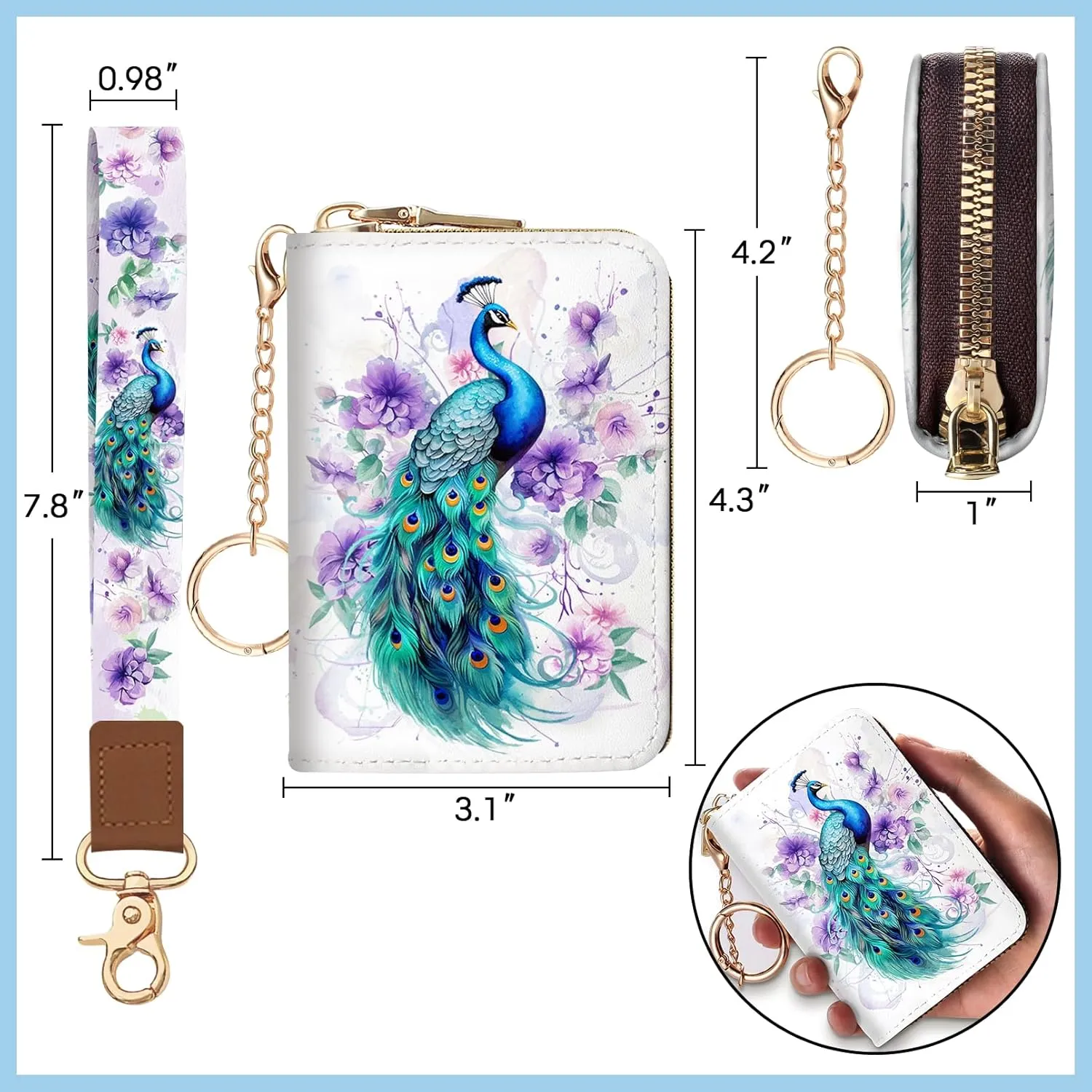 Credit Card Holder for Women, Peacock Small RFID Blocking Wallet with Wristlet Strap, Keychain Wristlet Zipper Women Wallet, Leather Card Case, Accordion Card Wallet Purse with Key Lanyard