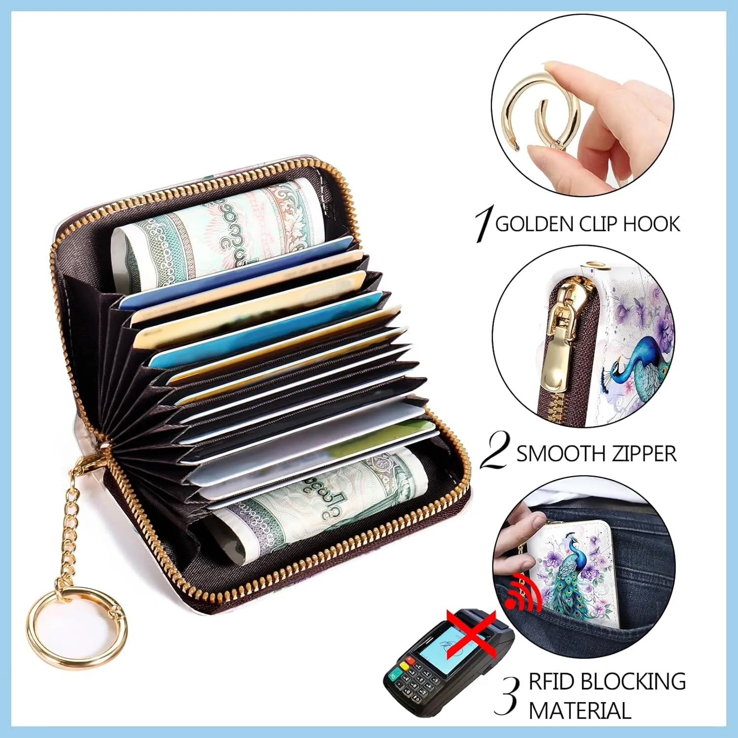 Credit Card Holder for Women, Peacock Small RFID Blocking Wallet with Wristlet Strap, Keychain Wristlet Zipper Women Wallet, Leather Card Case, Accordion Card Wallet Purse with Key Lanyard