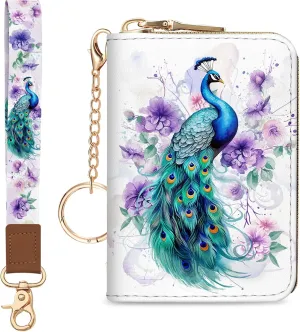 Credit Card Holder for Women, Peacock Small RFID Blocking Wallet with Wristlet Strap, Keychain Wristlet Zipper Women Wallet, Leather Card Case, Accordion Card Wallet Purse with Key Lanyard