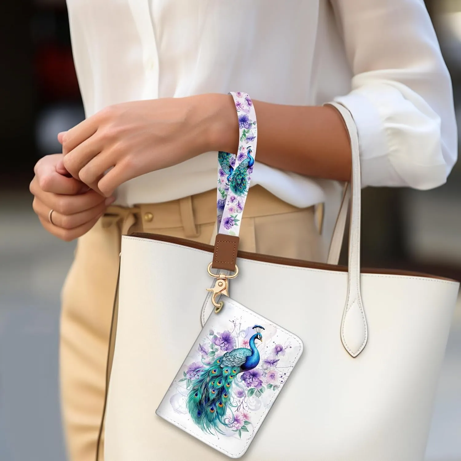 Credit Card Holder for Women, Peacock Small RFID Blocking Wallet with Wristlet Strap, Keychain Wristlet Zipper Women Wallet, Leather Card Case, Accordion Card Wallet Purse with Key Lanyard
