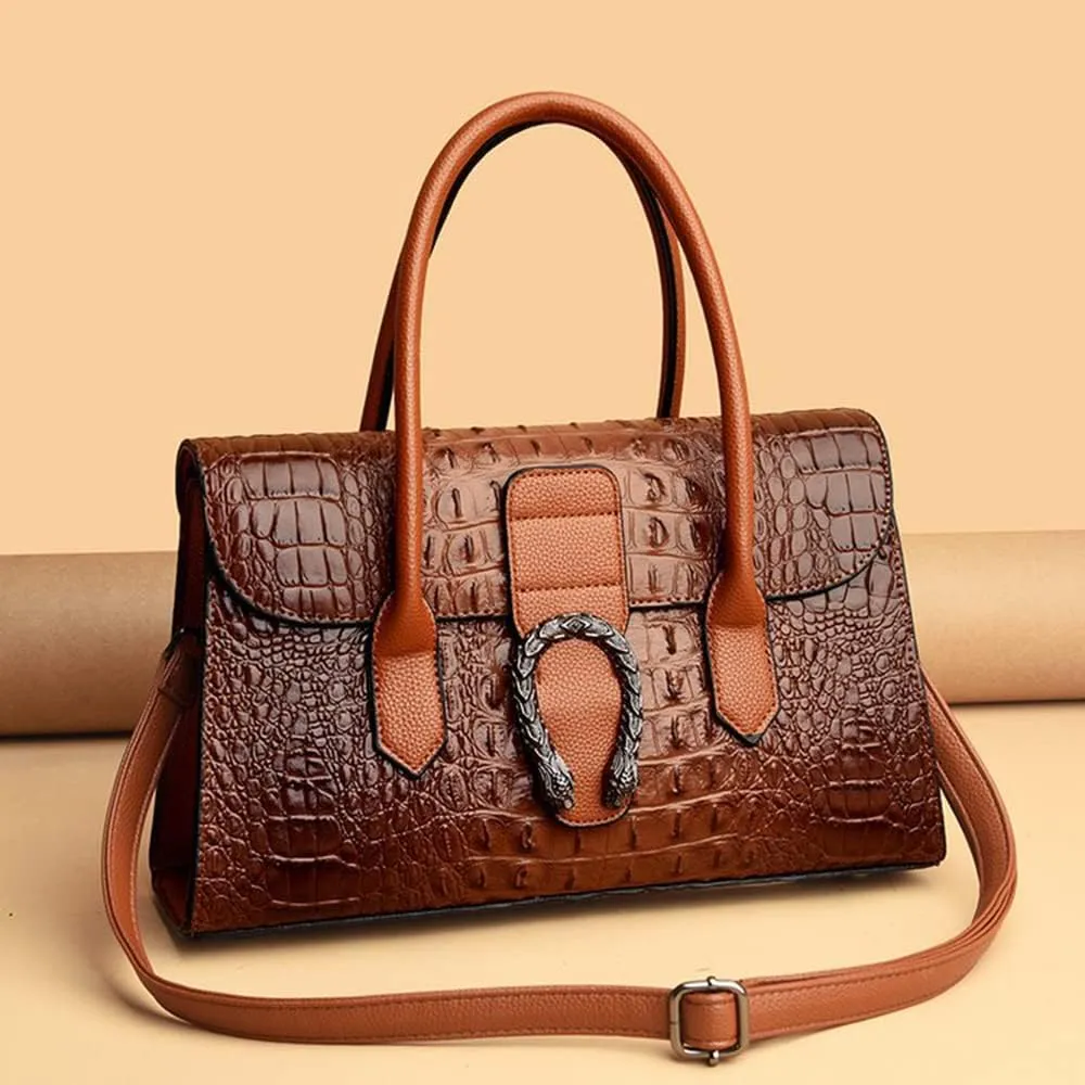 Crocodile Pattern Leather Top Handle Satchel Handbag for Women - Medium Fashion Ladies Shoulder Bag Tote Purse