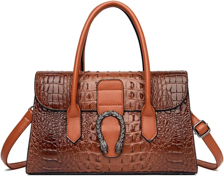 Crocodile Pattern Leather Top Handle Satchel Handbag for Women - Medium Fashion Ladies Shoulder Bag Tote Purse