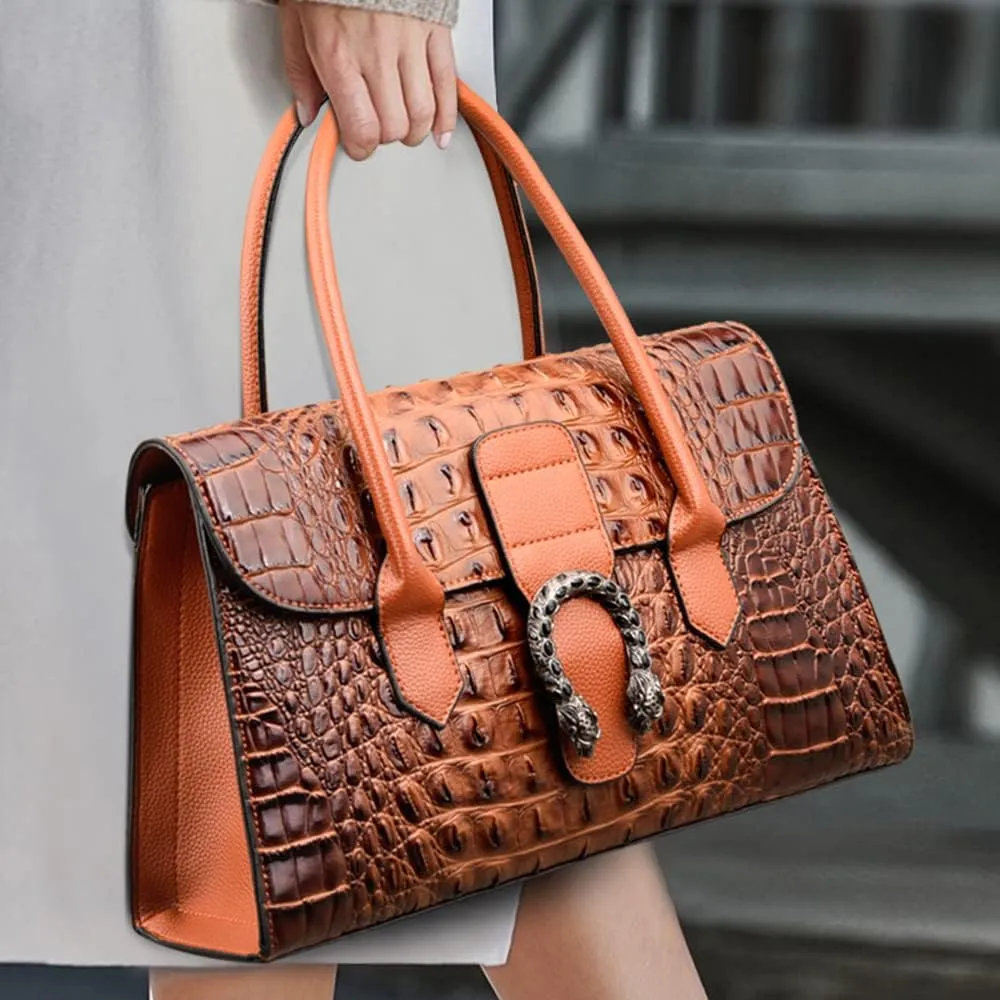 Crocodile Pattern Leather Top Handle Satchel Handbag for Women - Medium Fashion Ladies Shoulder Bag Tote Purse