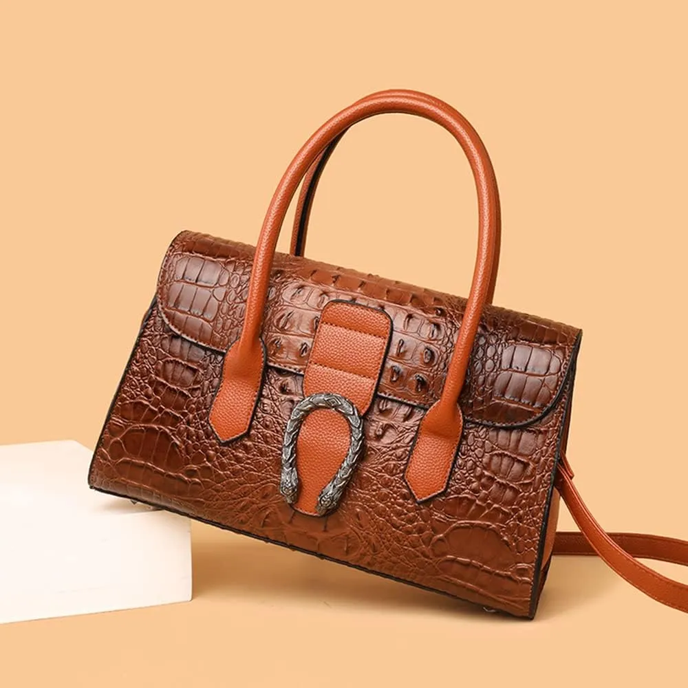 Crocodile Pattern Leather Top Handle Satchel Handbag for Women - Medium Fashion Ladies Shoulder Bag Tote Purse