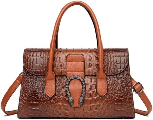 Crocodile Pattern Leather Top Handle Satchel Handbag for Women - Medium Fashion Ladies Shoulder Bag Tote Purse