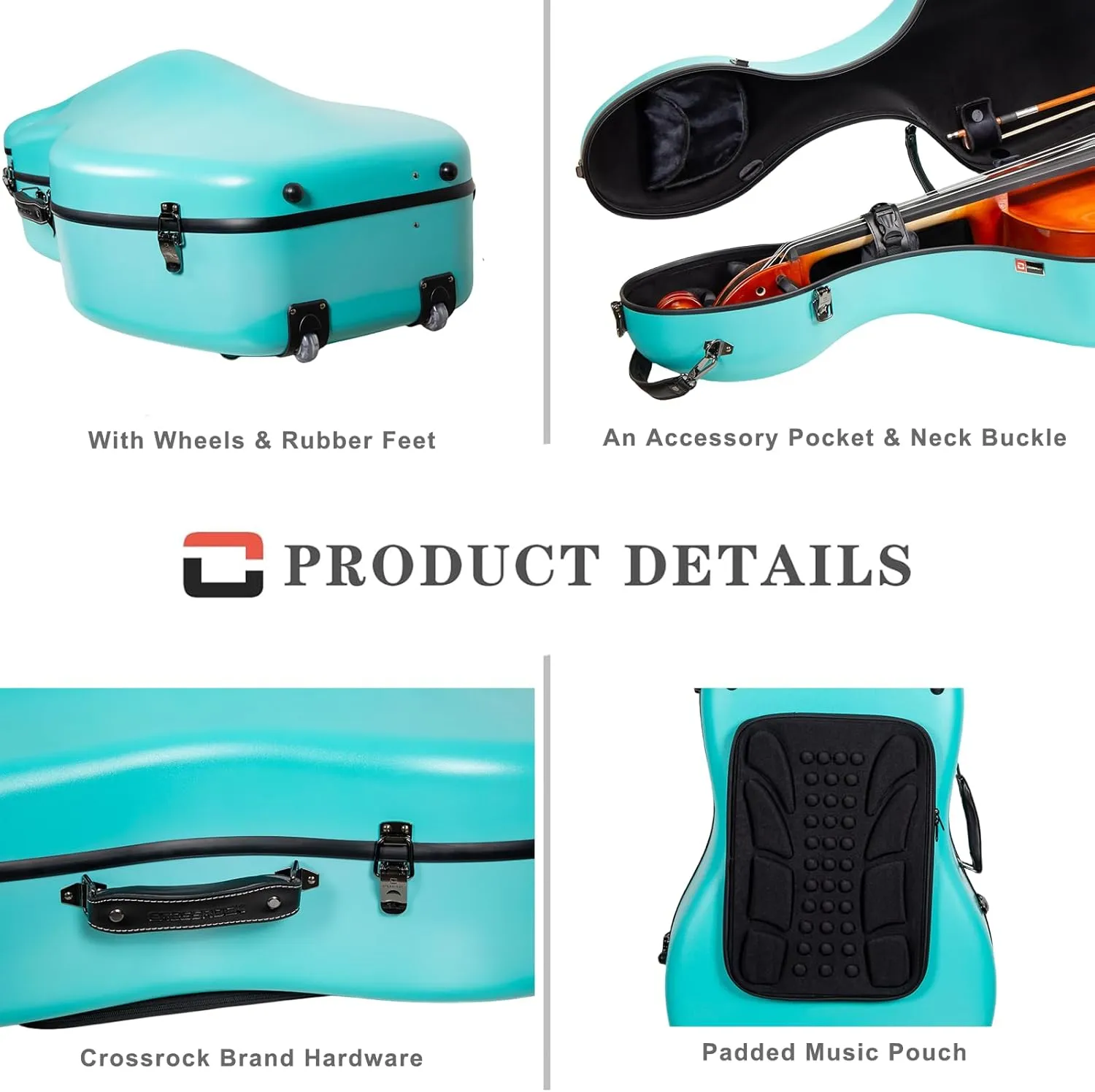 Crossrock Poly Carbon Cello Case for 4/4 Full Size | Mint Blue Matte Finish, Black Velvet Interior, Wheels, Music Pouch – Lightweight Protection Series