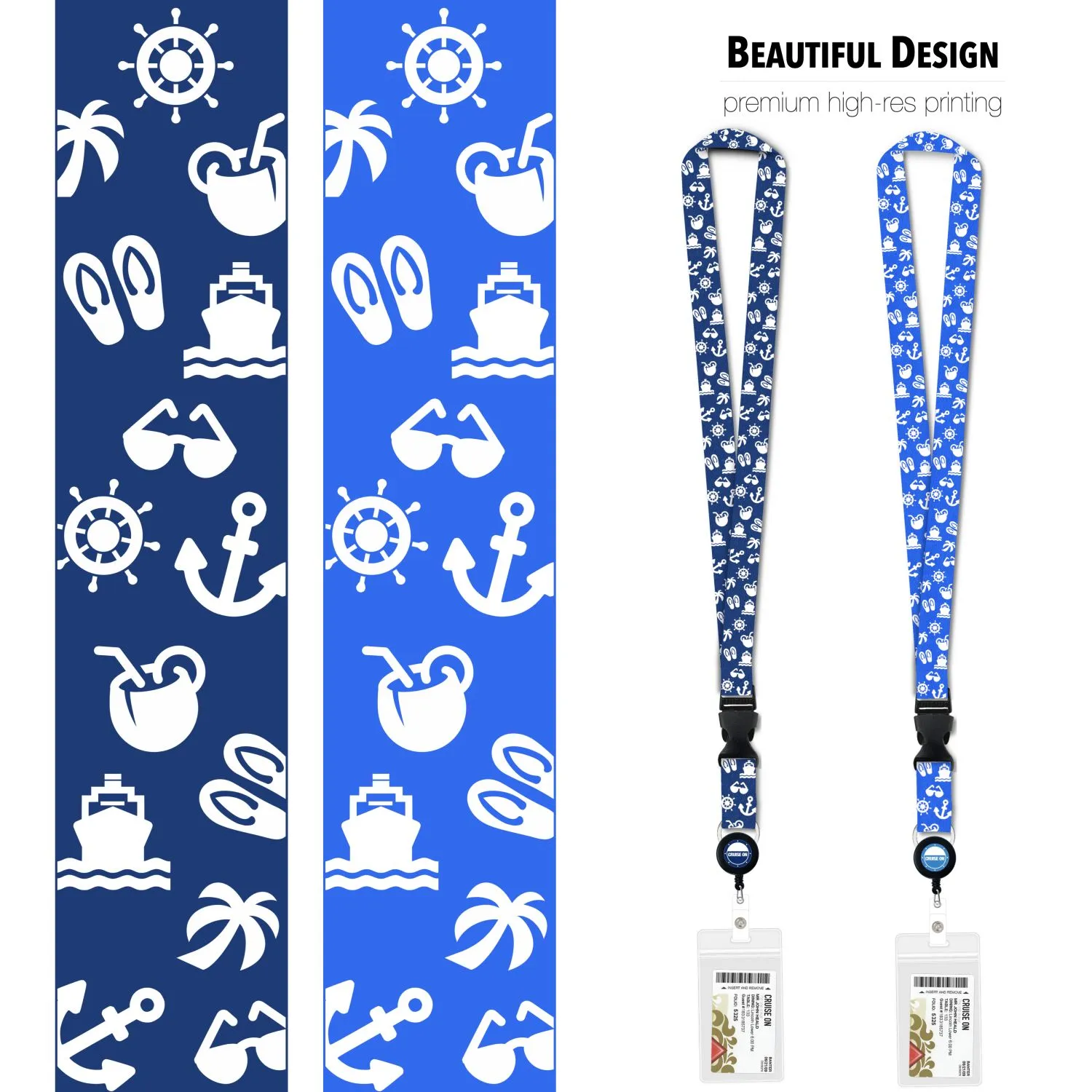 Cruise Lanyards with ID Holder, Retractable Badge & Waterproof Card Holders (Blue & Royal Icons)