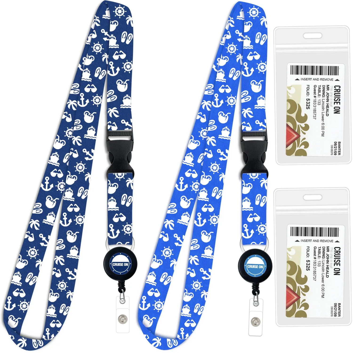 Cruise Lanyards with ID Holder, Retractable Badge & Waterproof Card Holders (Blue & Royal Icons)