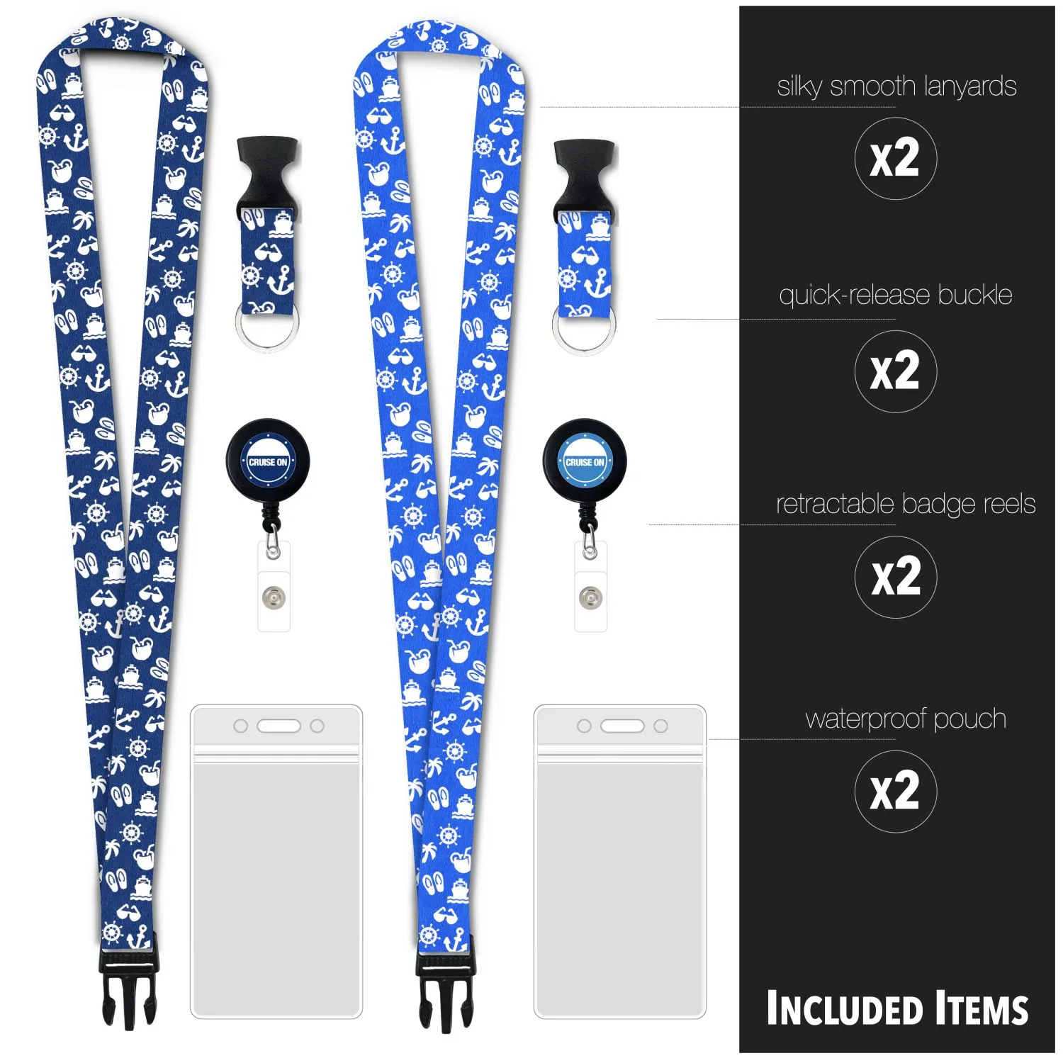 Cruise Lanyards with ID Holder, Retractable Badge & Waterproof Card Holders (Blue & Royal Icons)