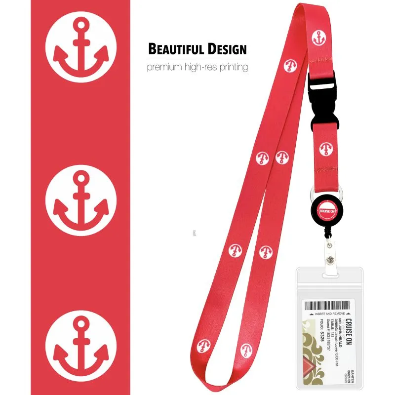 Cruise Lanyards with ID Holder, Retractable Badge & Waterproof Card Holders (Pink Anchor)