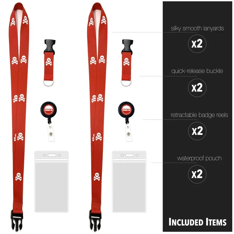Cruise Lanyards with ID Holder, Retractable Badge & Waterproof Card Holders (Red Pirate)