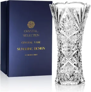CS Crystal Vase 12-inch high, Sunshine Design, for Flowers & Decor. Lovely Nice Shiny Piece. Perfect as a Gift, Suitable for All Occasions.