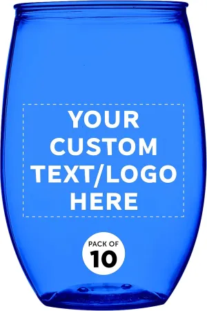 Custom Plastic Stemless Wine Glasses 16 oz. Set of 10, Personalized Bulk Pack - BPA Free, Great for Outdoor Lounges, Poolside, Parties and Other Events - Blue
