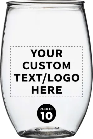 Custom Plastic Stemless Wine Glasses 16 oz. Set of 10, Personalized Bulk Pack - BPA Free, Great for Outdoor Lounges, Poolside, Parties and Other Events - Clear