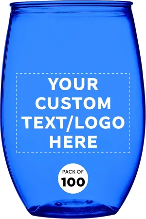 Custom Plastic Stemless Wine Glasses 16 oz. Set of 100, Personalized Bulk Pack - BPA Free, Great for Outdoor Lounges, Poolside, Parties and Other Events - Blue