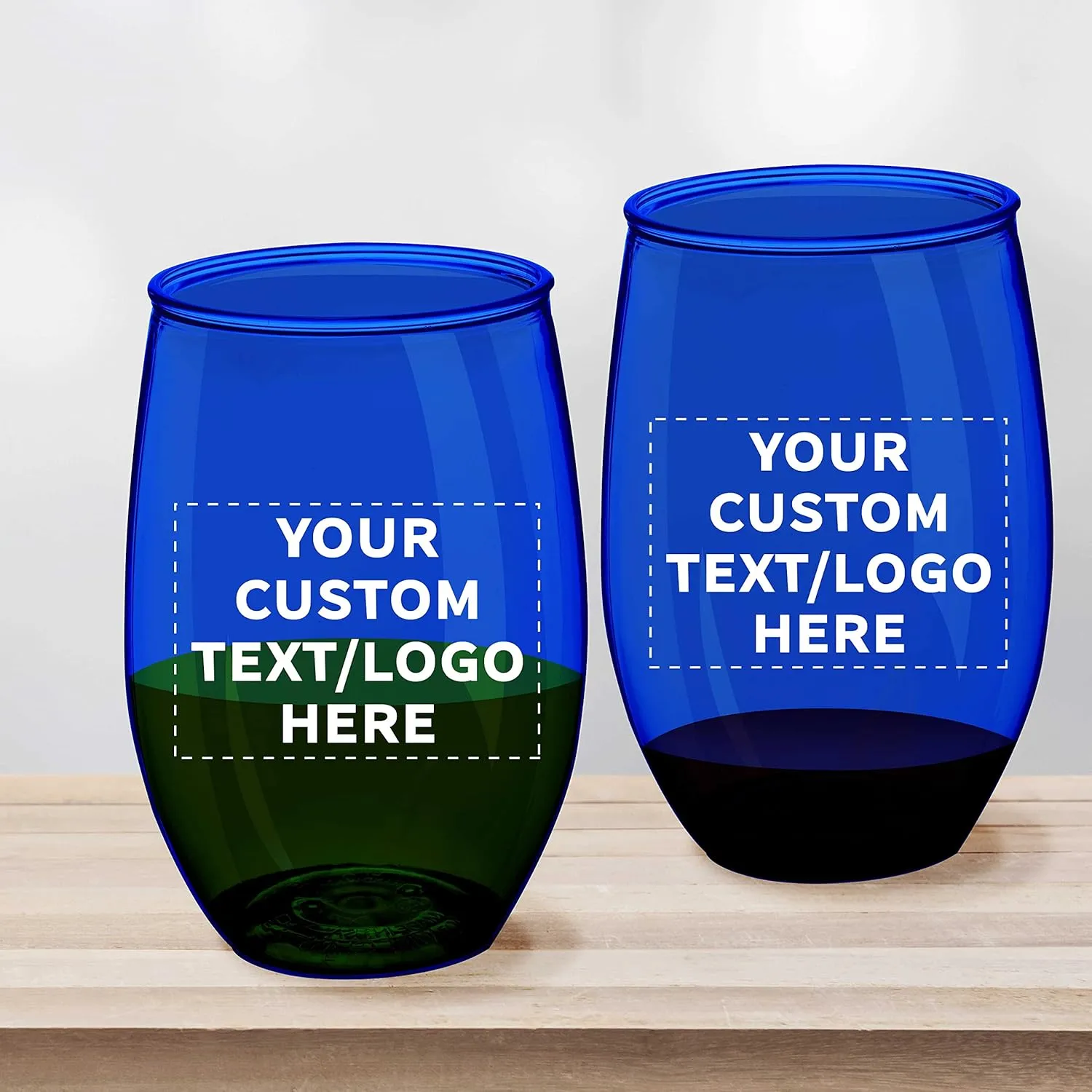 Custom Plastic Stemless Wine Glasses 16 oz. Set of 100, Personalized Bulk Pack - BPA Free, Great for Outdoor Lounges, Poolside, Parties and Other Events - Blue