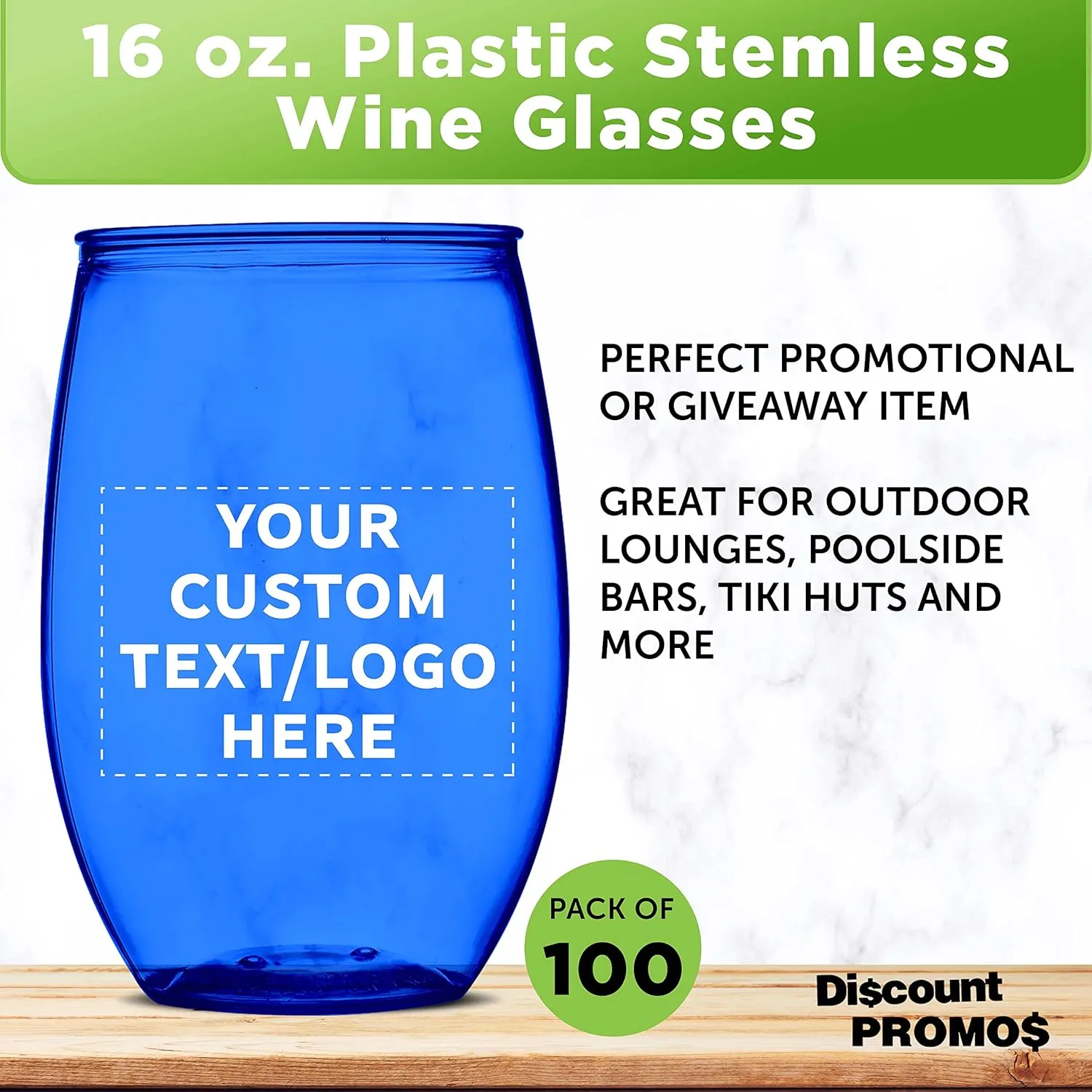 Custom Plastic Stemless Wine Glasses 16 oz. Set of 100, Personalized Bulk Pack - BPA Free, Great for Outdoor Lounges, Poolside, Parties and Other Events - Blue