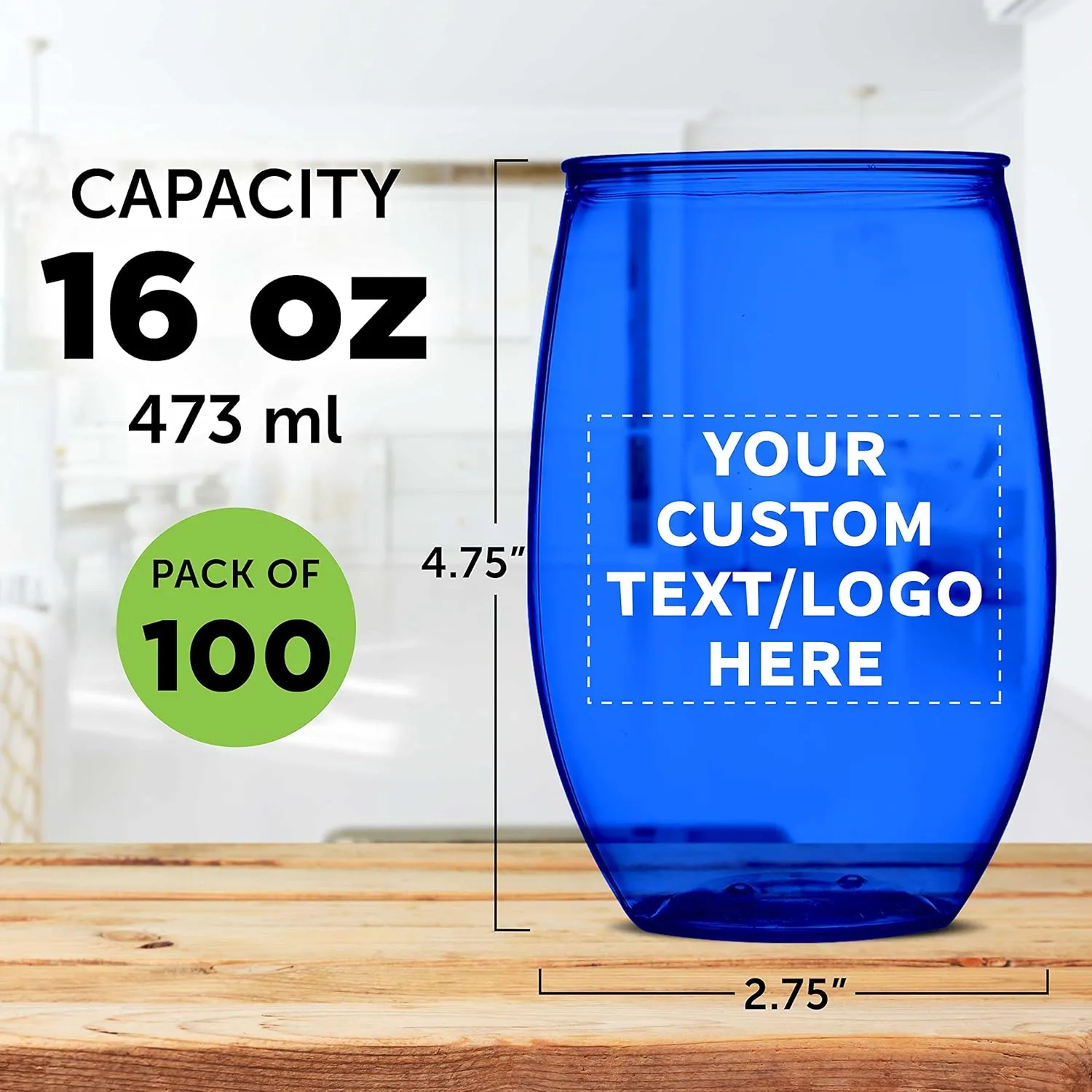 Custom Plastic Stemless Wine Glasses 16 oz. Set of 100, Personalized Bulk Pack - BPA Free, Great for Outdoor Lounges, Poolside, Parties and Other Events - Blue