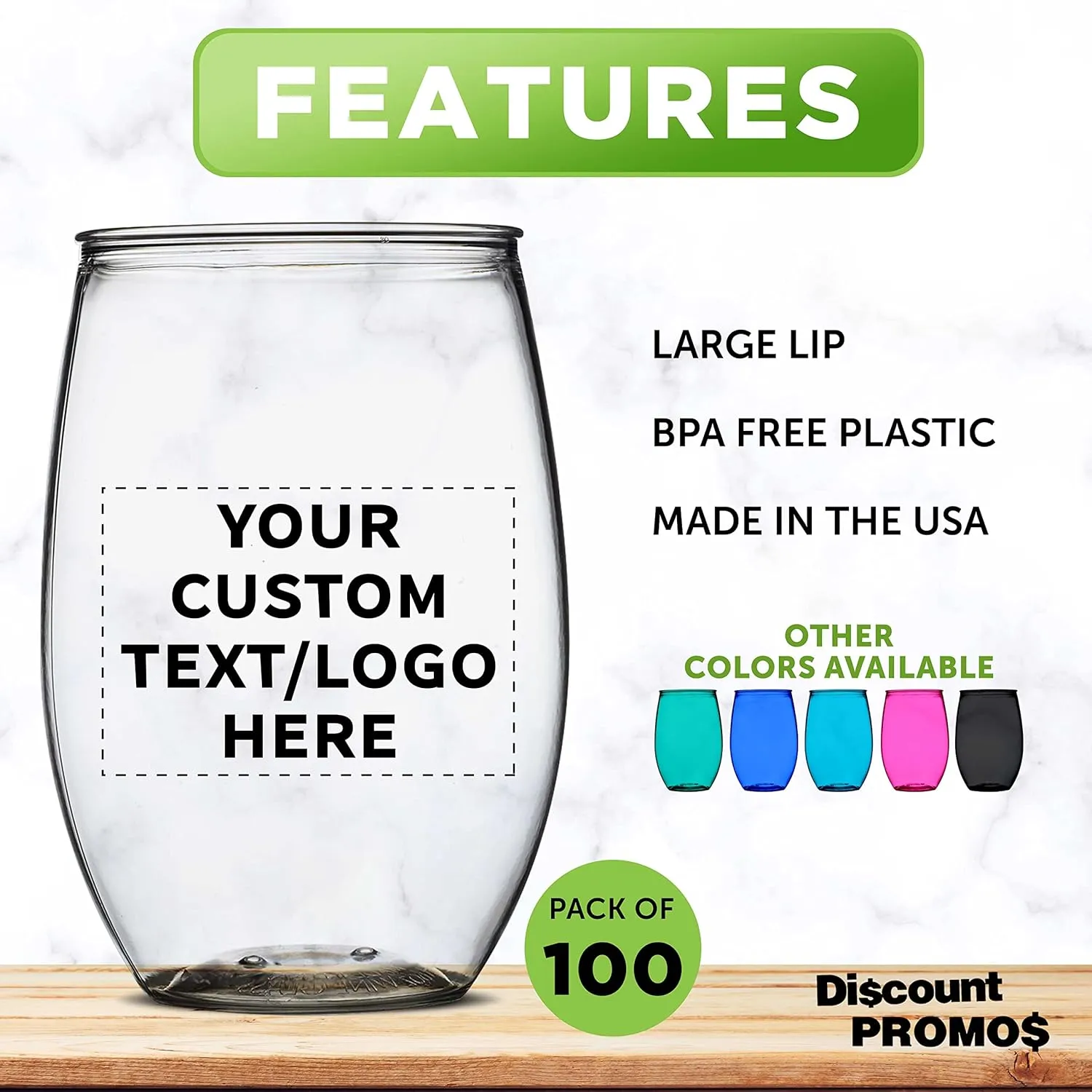 Custom Plastic Stemless Wine Glasses 16 oz. Set of 100, Personalized Bulk Pack - BPA Free, Great for Outdoor Lounges, Poolside, Parties and Other Events - Clear