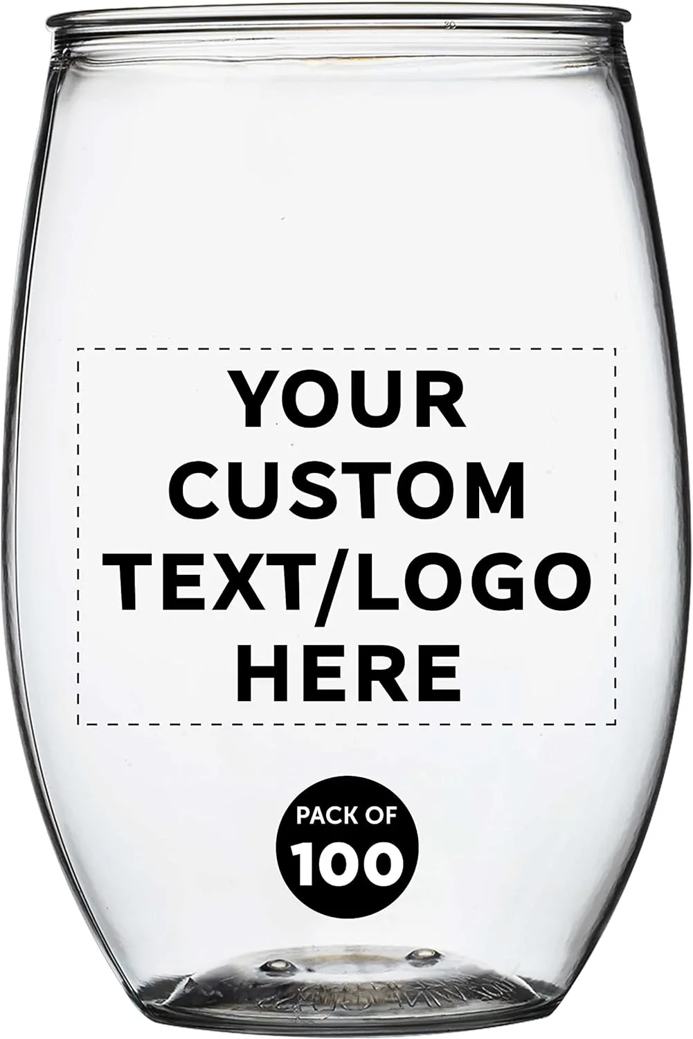Custom Plastic Stemless Wine Glasses 16 oz. Set of 100, Personalized Bulk Pack - BPA Free, Great for Outdoor Lounges, Poolside, Parties and Other Events - Clear
