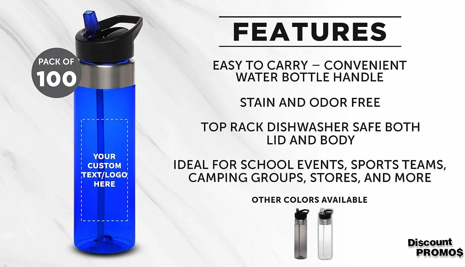 Custom Plastic Water Bottle 24 oz with Inside Straw - 100 Pack - Personalized Text - BPA Free, Screw-On Cap Flip Nozzle Mechanism - Slim Translucent Body - Eastman Tritan Copolyester - Blue