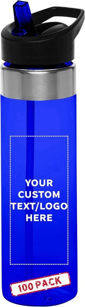 Custom Plastic Water Bottle 24 oz with Inside Straw - 100 Pack - Personalized Text - BPA Free, Screw-On Cap Flip Nozzle Mechanism - Slim Translucent Body - Eastman Tritan Copolyester - Blue