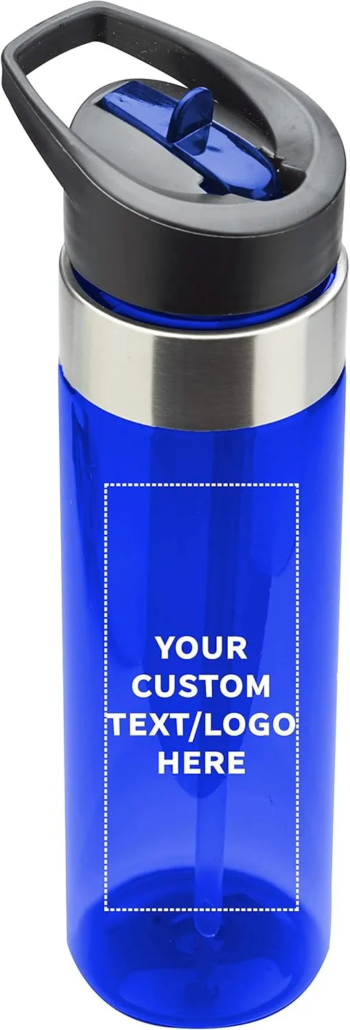 Custom Plastic Water Bottle 24 oz with Inside Straw - 100 Pack - Personalized Text - BPA Free, Screw-On Cap Flip Nozzle Mechanism - Slim Translucent Body - Eastman Tritan Copolyester - Blue