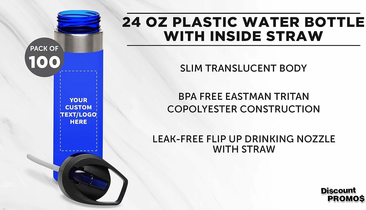 Custom Plastic Water Bottle 24 oz with Inside Straw - 100 Pack - Personalized Text - BPA Free, Screw-On Cap Flip Nozzle Mechanism - Slim Translucent Body - Eastman Tritan Copolyester - Blue