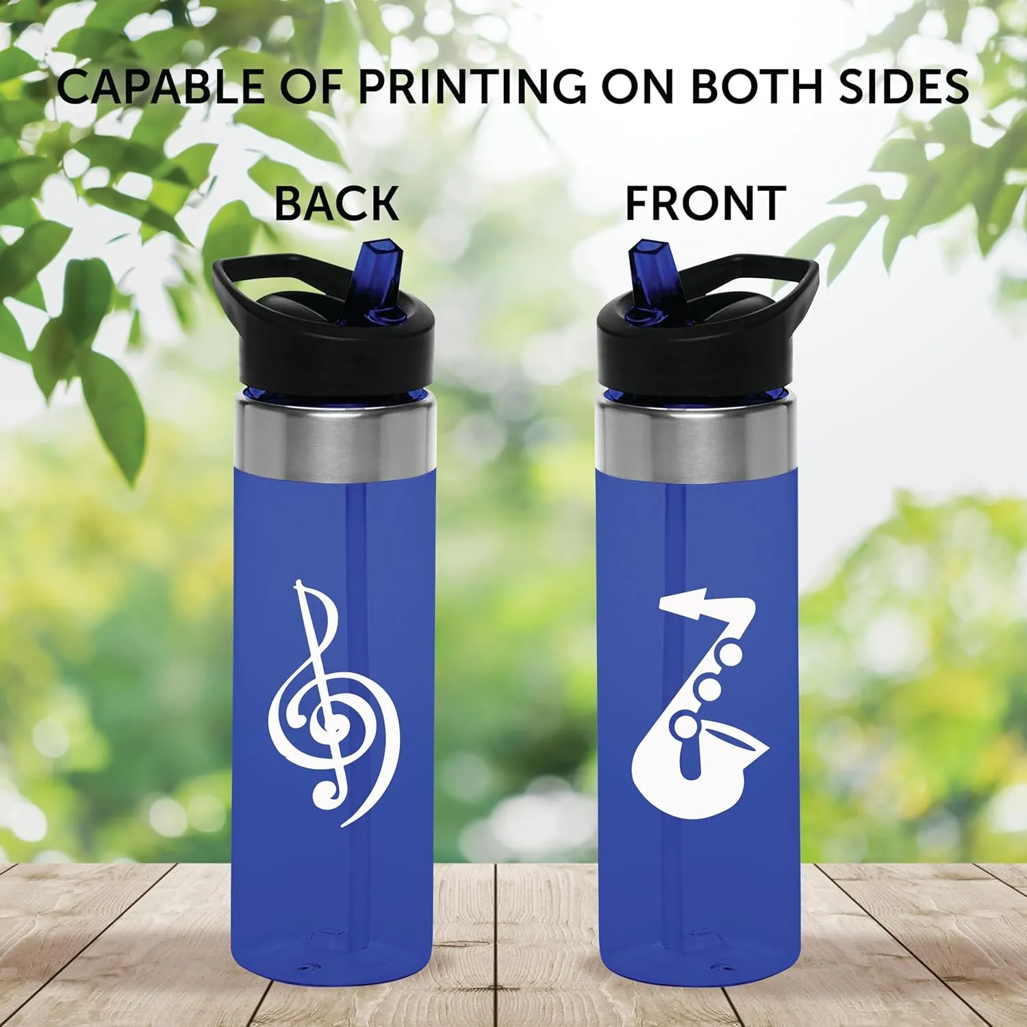 Custom Plastic Water Bottle 24 oz with Inside Straw - 100 Pack - Personalized Text - BPA Free, Screw-On Cap Flip Nozzle Mechanism - Slim Translucent Body - Eastman Tritan Copolyester - Blue