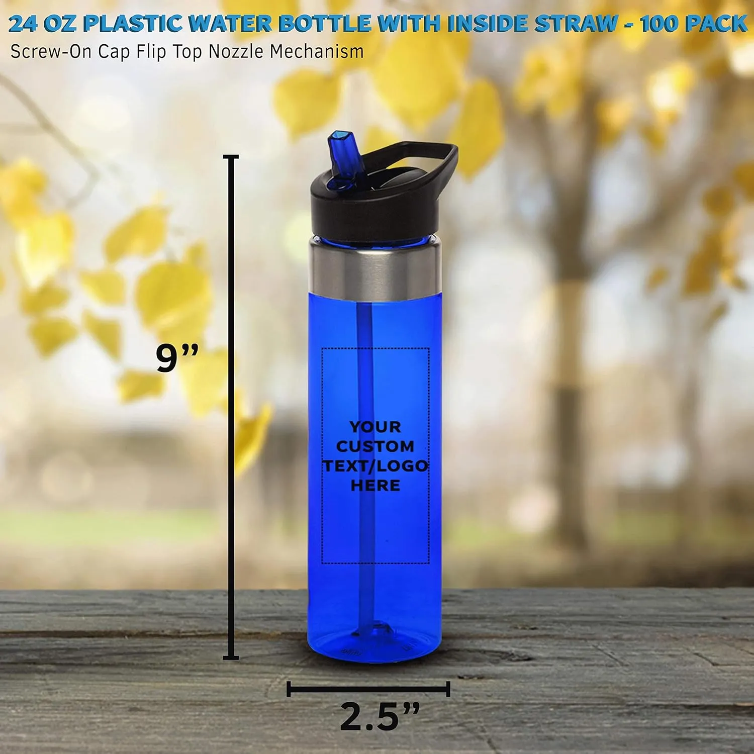 Custom Plastic Water Bottle 24 oz with Inside Straw - 100 Pack - Personalized Text - BPA Free, Screw-On Cap Flip Nozzle Mechanism - Slim Translucent Body - Eastman Tritan Copolyester - Blue