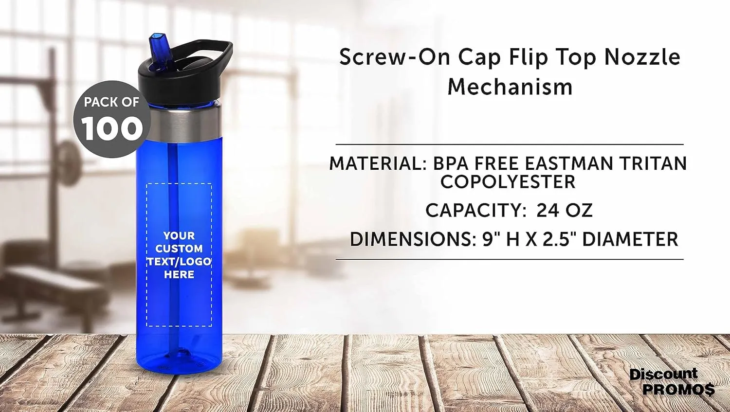 Custom Plastic Water Bottle 24 oz with Inside Straw - 100 Pack - Personalized Text - BPA Free, Screw-On Cap Flip Nozzle Mechanism - Slim Translucent Body - Eastman Tritan Copolyester - Blue