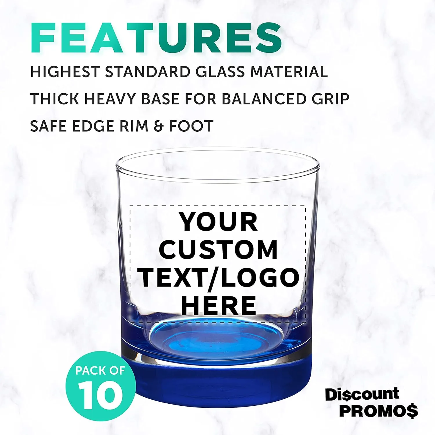 Custom Whiskey Glasses by Libbey 10 oz. Set of 10, Personalized Bulk Pack - Heavy Base Old Fashioned Glass, Perfect for Scotch, Bourbon, Whiskey, Cocktail - Blue