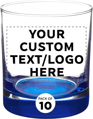 Custom Whiskey Glasses by Libbey 10 oz. Set of 10, Personalized Bulk Pack - Heavy Base Old Fashioned Glass, Perfect for Scotch, Bourbon, Whiskey, Cocktail - Blue