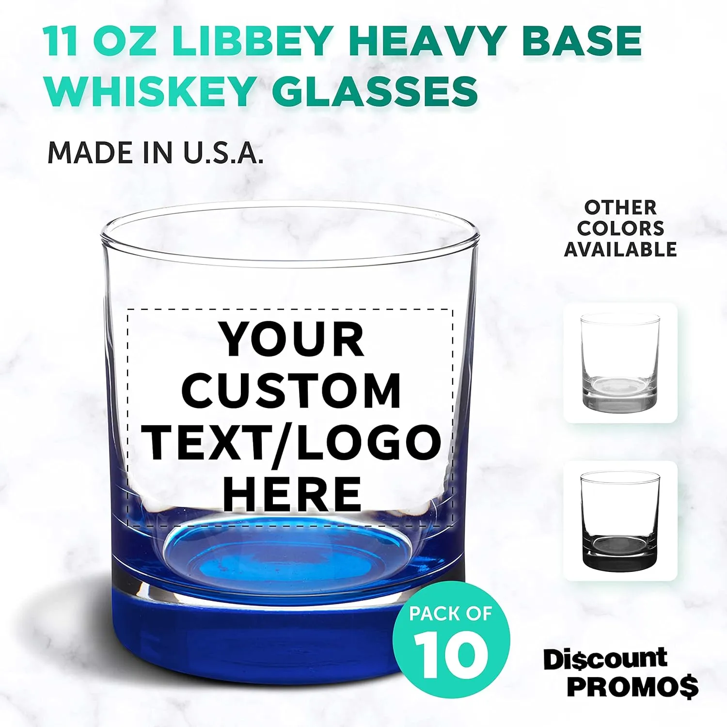 Custom Whiskey Glasses by Libbey 10 oz. Set of 10, Personalized Bulk Pack - Heavy Base Old Fashioned Glass, Perfect for Scotch, Bourbon, Whiskey, Cocktail - Blue