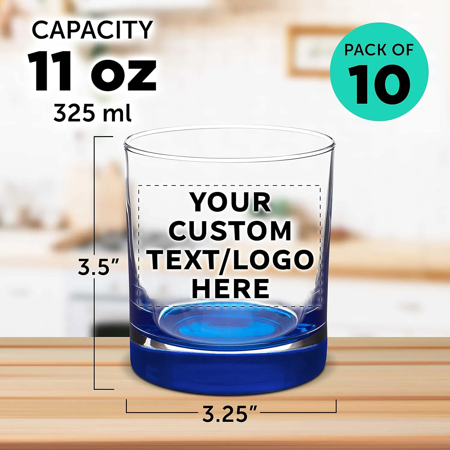 Custom Whiskey Glasses by Libbey 10 oz. Set of 10, Personalized Bulk Pack - Heavy Base Old Fashioned Glass, Perfect for Scotch, Bourbon, Whiskey, Cocktail - Blue