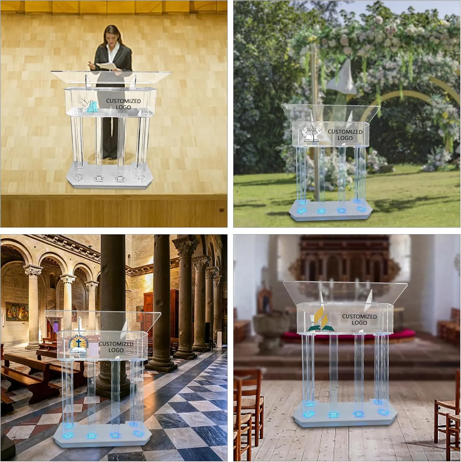 Customizable Logo & Text 3 Tier Acrylic Podium,LED Lectern with 6 Column Base and a Wide Middle Shelf with Plenty of Space for Presentation (39.4" L * 17.7" W * 46.6")