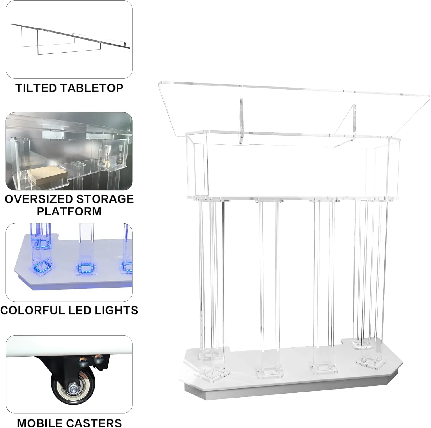 Customizable Logo & Text 3 Tier Acrylic Podium,LED Lectern with 6 Column Base and a Wide Middle Shelf with Plenty of Space for Presentation (39.4" L * 17.7" W * 46.6")