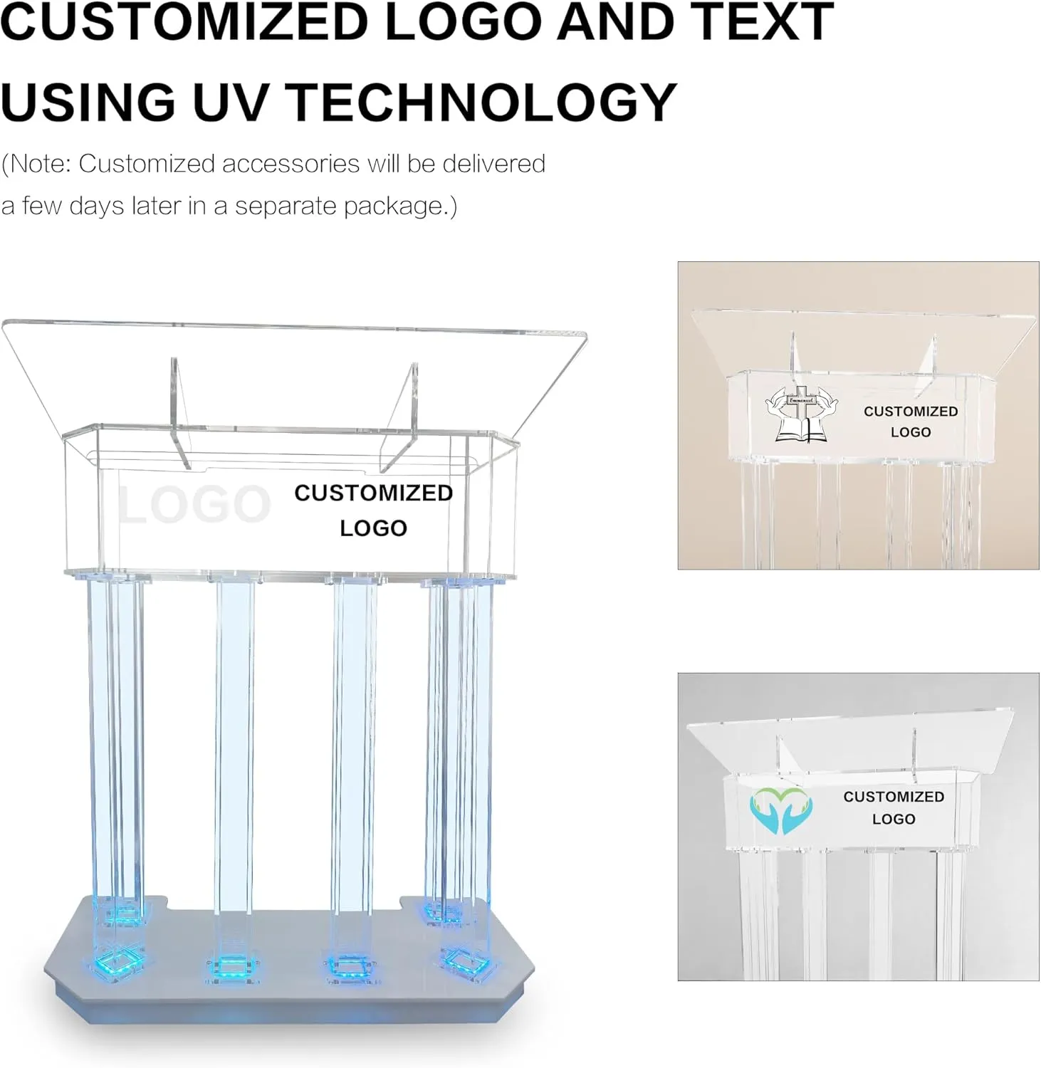 Customizable Logo & Text 3 Tier Acrylic Podium,LED Lectern with 6 Column Base and a Wide Middle Shelf with Plenty of Space for Presentation (39.4" L * 17.7" W * 46.6")