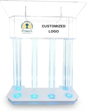 Customizable Logo & Text 3 Tier Acrylic Podium,LED Lectern with 6 Column Base and a Wide Middle Shelf with Plenty of Space for Presentation (39.4" L * 17.7" W * 46.6")