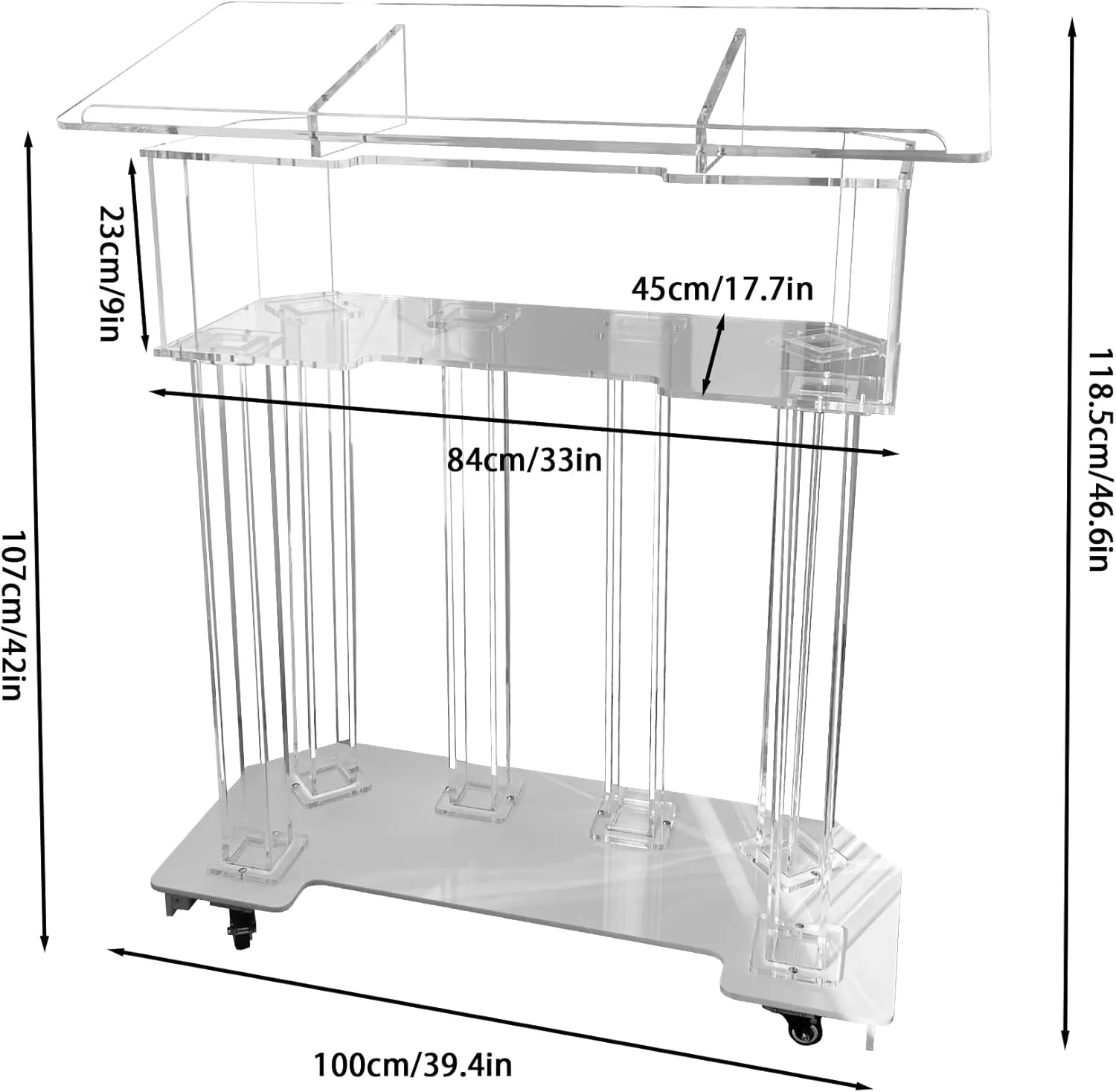 Customizable Logo & Text 3 Tier Acrylic Podium,LED Lectern with 6 Column Base and a Wide Middle Shelf with Plenty of Space for Presentation (39.4" L * 17.7" W * 46.6")