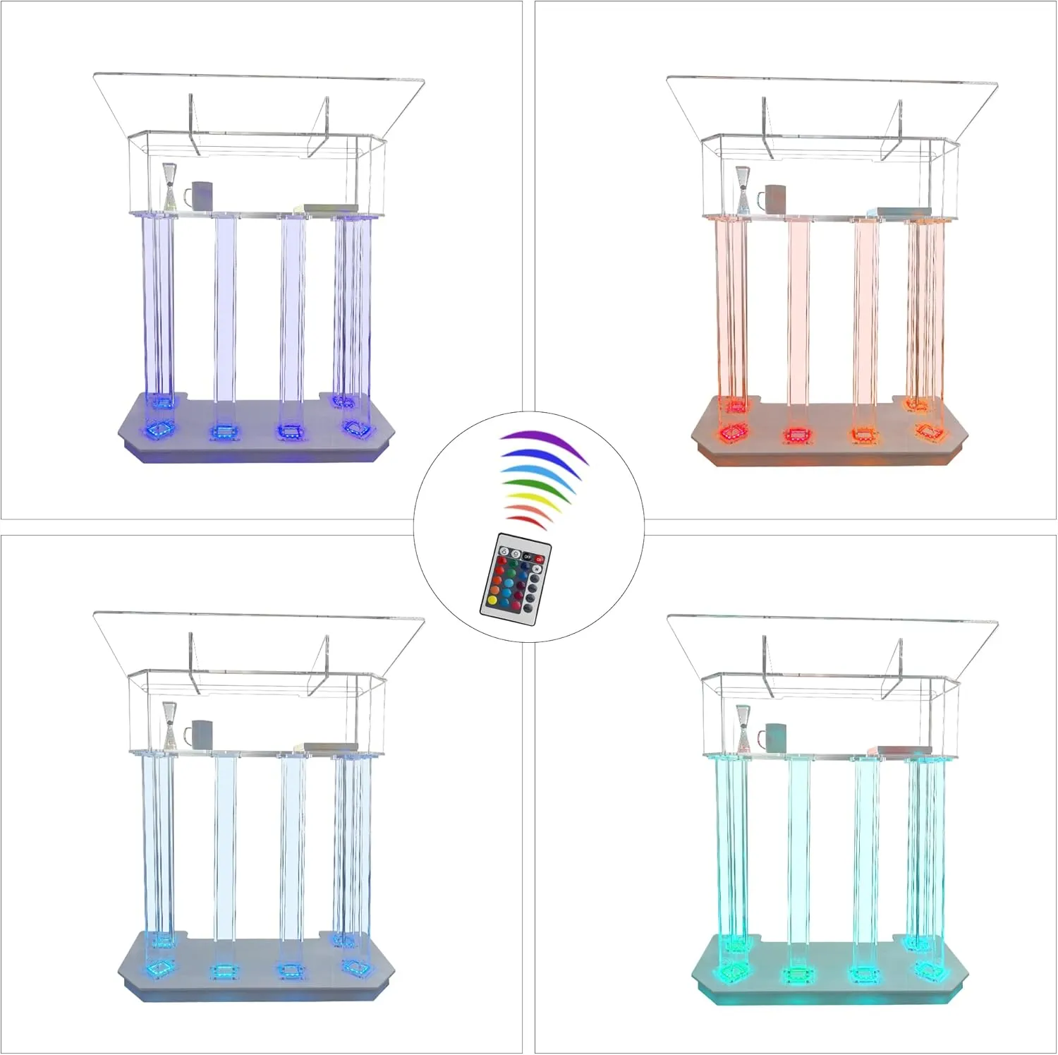Customizable Logo & Text 3 Tier Acrylic Podium,LED Lectern with 6 Column Base and a Wide Middle Shelf with Plenty of Space for Presentation (39.4" L * 17.7" W * 46.6")