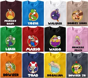 Customizable Super Family Shirt, Customized Friends Matching Tee, Birthday Shirt, Shirt Kart Shirts, Yoshi Bowser Jr Daisy Rosalina Peach Koopa Waluigi Wario Toad T Shirts
