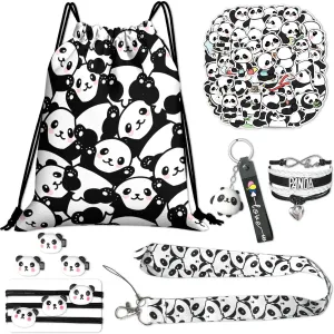 Cute Panda Drawstring Bag Set Including Drawstring Sackpack Bracelet Keychain Stickers Lanyard Hair Accessories 6 Pcs