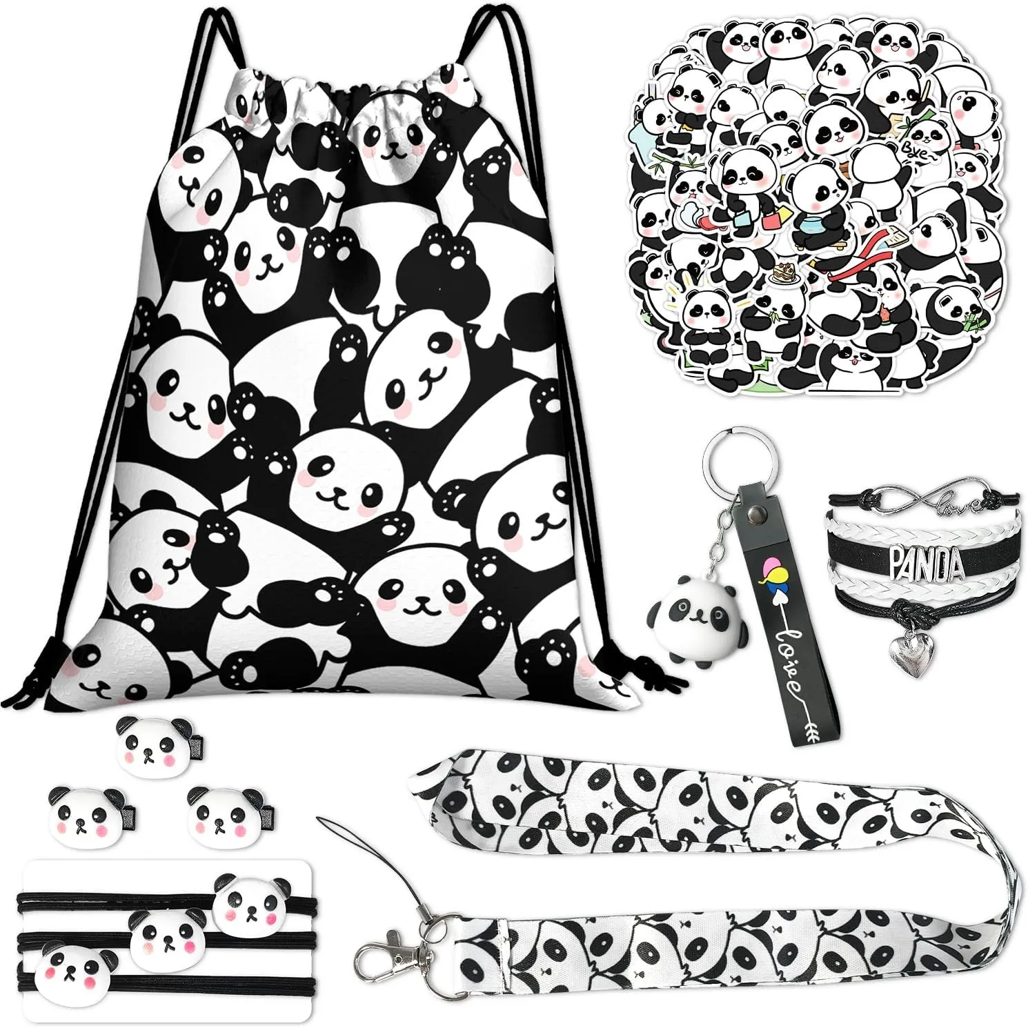 Cute Panda Drawstring Bag Set Including Drawstring Sackpack Bracelet Keychain Stickers Lanyard Hair Accessories 6 Pcs