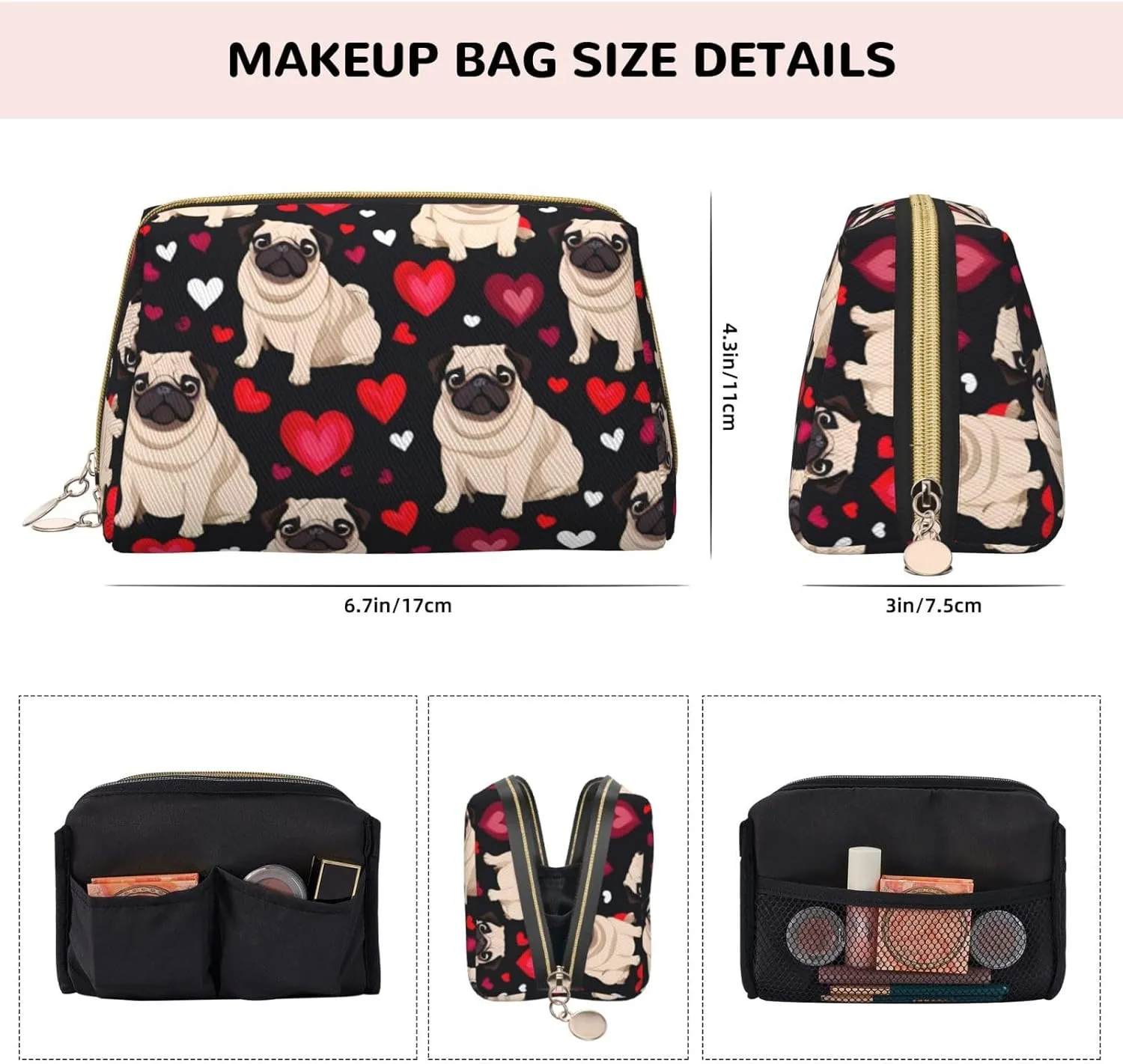 Cute Pug Toiletry Pouch, Travel-Friendly Makeup Organizer For Makeup Brushes, Lipsticks