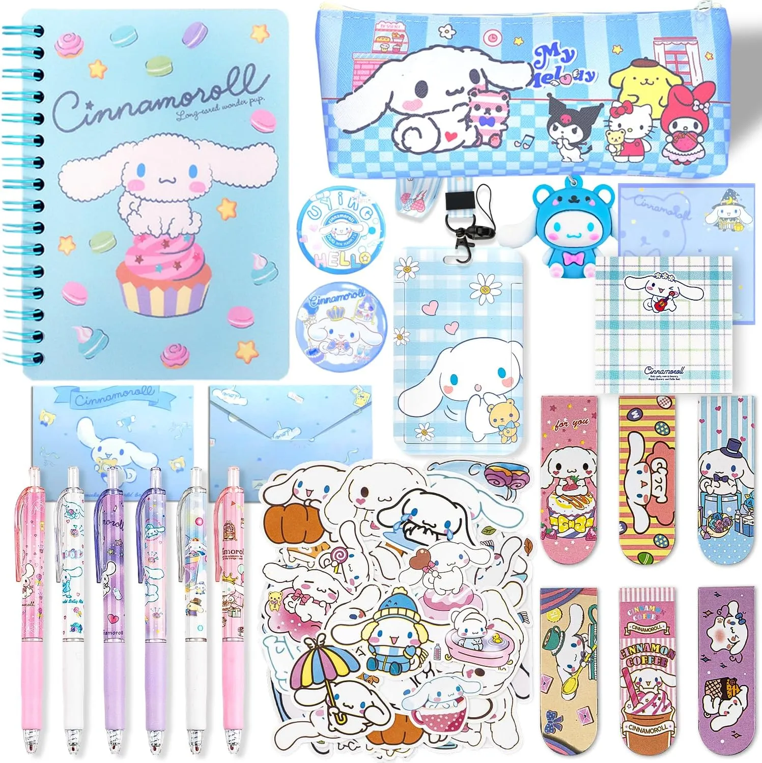 Cute School Supplies Set, Kawaii School Supplies Gift Set, Including Cartoon Journal Ballpoint Pencil Case Stickers Key Chain Bookmark Pen ID Badge Holder